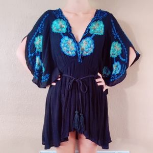 Free people back dress with blue and teal embroidery